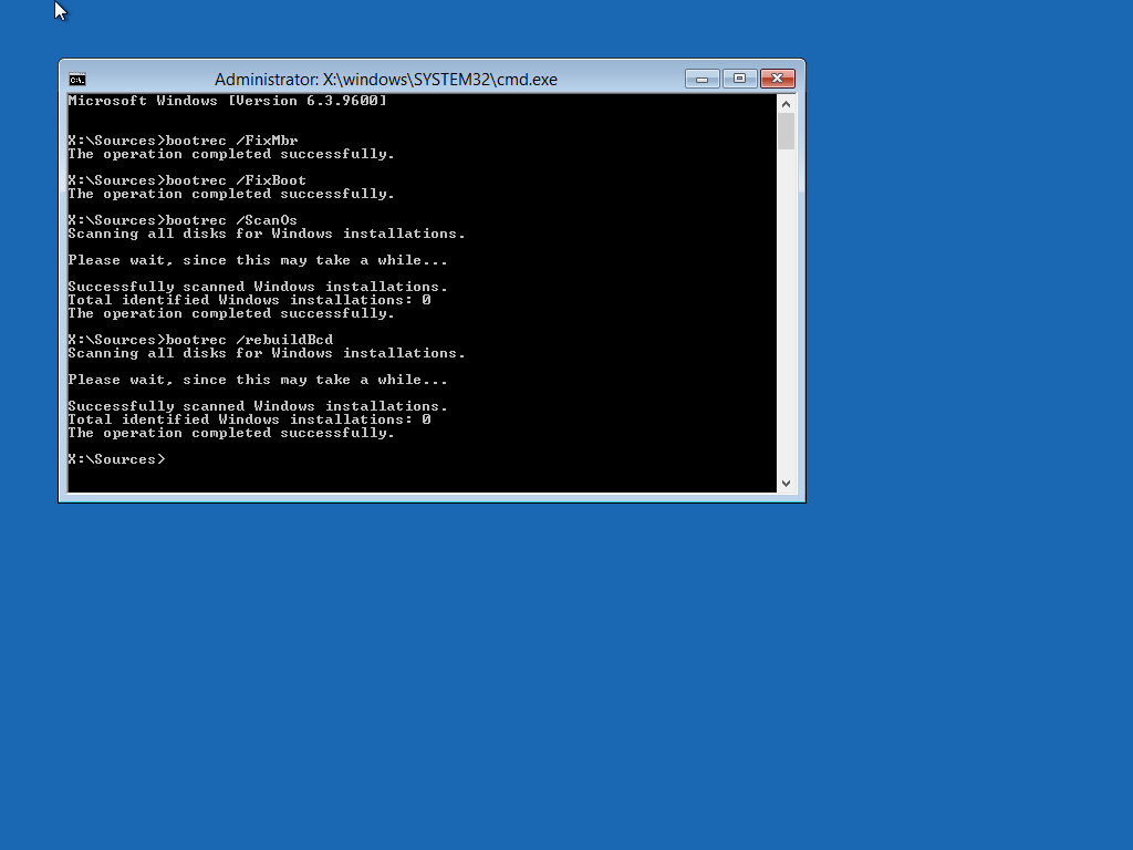 bootrec exe rebuildbcd add installation to boot